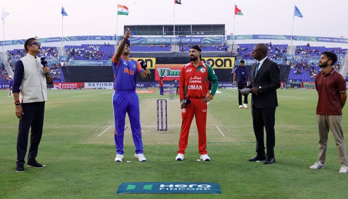 India captain Suryakumar Yadav (second left) and Omans Jatinder Singh (centre) at the toss for their ACC Mens T20 Asia Cup 2025 match at the Zayed Cricket Stadium in Abu Dhabi on September 19, 2025. — ACC