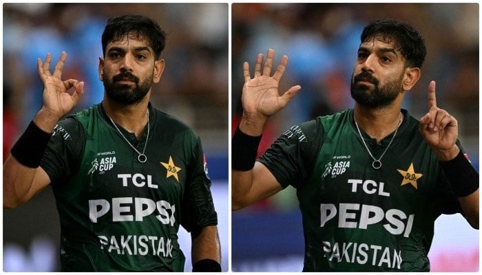 1345399_9786219_haris-rauf-gensturing_updates Pakistan fast bowler Haris Rauf flashes a “0-6” gesture at Indian fans during the Asia Cup clash on September 21, 2025. —AFP
