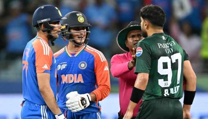 1346862_4435475_haris-rauf-2_updates Pakistans Haris Rauf in an animated chat with Indian players during their Asia Cup 2025 Super Fours clash against India on September 21, 2025. — AFP