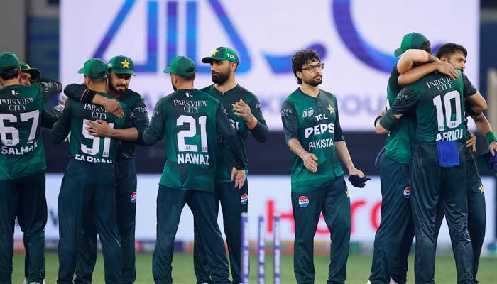 1346986_1180130_untitled-1_updates Players of Pakistan cricket team congratulate each other after defeating Bangladesh in Asia Cup 2025 match at the Dubai International Cricket Stadium, Dubai on September 25, 2025. — ACC