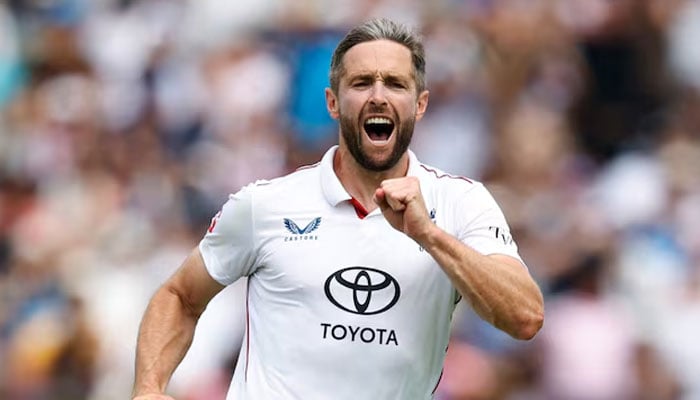 Englands Chris Woakes celebrates after taking the wicket of Indias Nitish Kumar in International Test Match Series on July 14, 2025.— Reuters