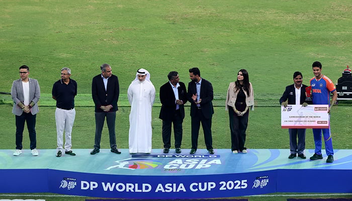 1347557_9985254_mohsin-naqvi-1_updates General view as Asian Cricket Council and Pakistan Cricket Board chairman Mohsin Naqvi stands on the podium with Emirates Cricket Board Vice Chairman Khalid Al Zarooni before the trophy presentations following Asia Cup 2025 final. — Reuters/File