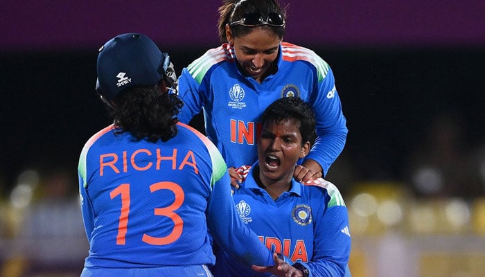 The image shows Deepti Sharma. celebrating with her team mates. — X@ICC