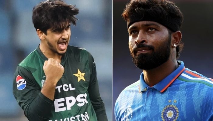 This collage shows Saim Ayub (left) celebrating after taking a wicket and Indian all-rounder Hardik Pandya. — ACC/OfficialHardikPandya/photos/facebook