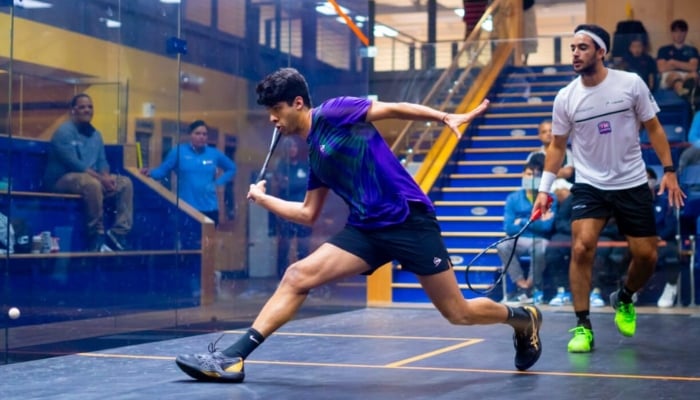 1348212_8385742_noor-zaman-2_updates Pakistans Noor Zaman in action against Yahya Elnawasany of Egypt in the quarter final of the Charlottesville Open. — Reporter