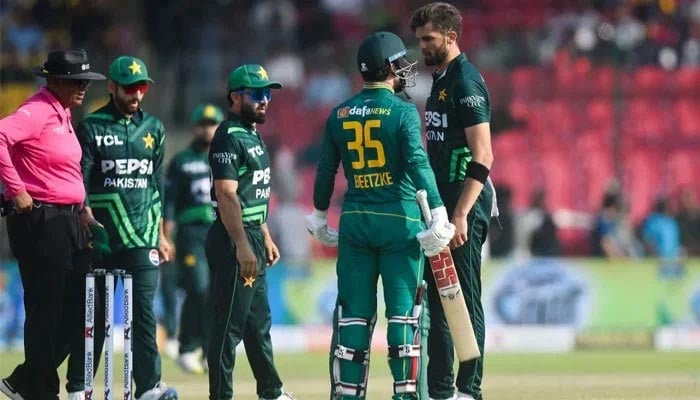 1348461_1685389_pcb_updates Pakistans Shaheen Shah Afridi (right) and South Africas Matthew Breetzke in a heated moment as umpires and teammates look on during an ODI tri-series match in Karachi on February 12, 2025. — PCB