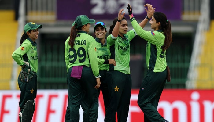1348803_9927656_3_updates Pakistan women’s cricket team celebrates after dismissing an Indian batter during their ICC Women’s Cricket World Cup match in Colombo on October 5, 2025. — X/@TheRealPCB