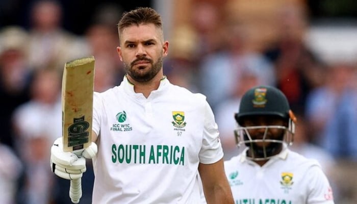 1349048_1932068_markram-pakistan-1_updates South Africas Aiden Markram celebrates after reaching his century during the ICC World Test Championship 2025 final against Australia at Lords Cricket Ground, London, on June 14, 2025. — Reuters