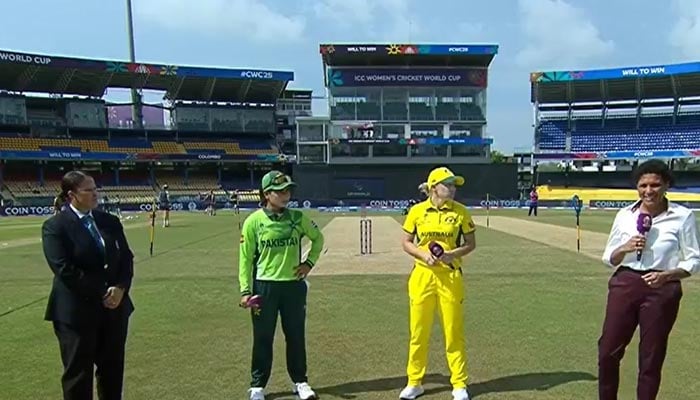 Pakistan captain Fatima Sana (left) and Australia’s Alyssa Healy at the toss ahead of their ICC Women’s World Cup 2025 match at R. Premadasa Stadium in Colombo on October 8, 2025. – Screengrab/livestream