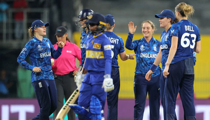 Englands Alice Capsey celebrates with Heather Knight and teammates after taking the wicket of Sri Lankas Nilakshika Silva at R Premadasa International Cricket Stadium, Colombo, Sri Lanka on October 11, 2025. — Reuters