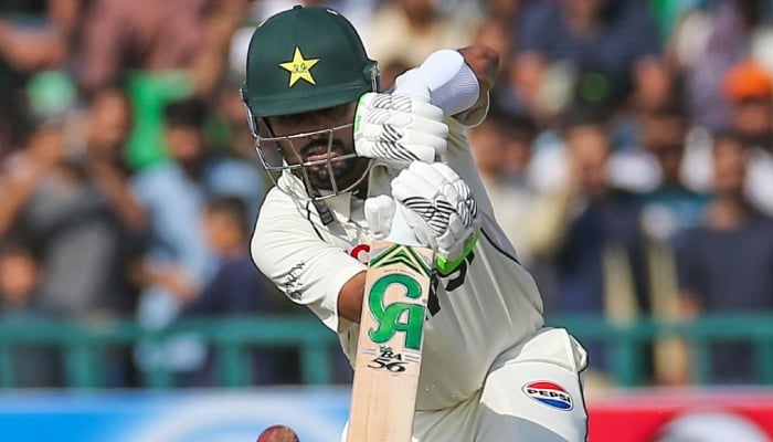 Pakistan batter Babar Azam plays a shot during the first Test against South Africa at the Gaddafi Stadium, Lahore, October 12, 2025. — X@TheRealPCB