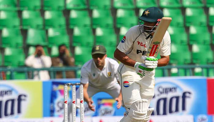 Pakistans Shan Masood plays a shot during first Test against South Africa during the first Test against South Africa at the Gaddafi Stadium in Lahore on October 12, 2025. – PCB