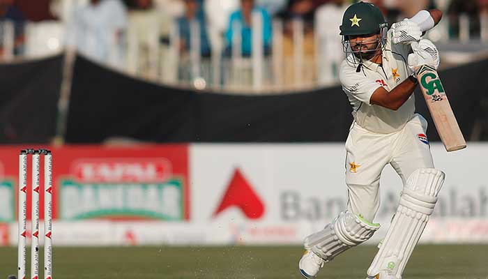 Pakistans Babar Azam plays a shot during the third day of the second Test cricket match between Pakistan and South Africa at the Rawalpindi Cricket Stadium on October 22, 2025. — PCB