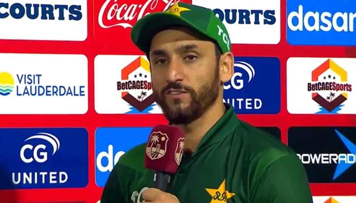 Pakistans T20I captain Salman Ali Agha speaks during the post-match conference after winning the first T20I against West Indies in Lauderhill on August 1, 2025. - Screengrab/Livestream
