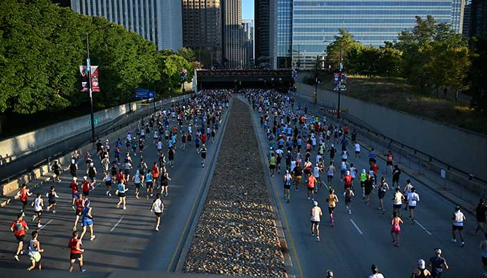 A general view of runners in the Chicago Marathon at Grant Park on October 12, 2025. — Reuters