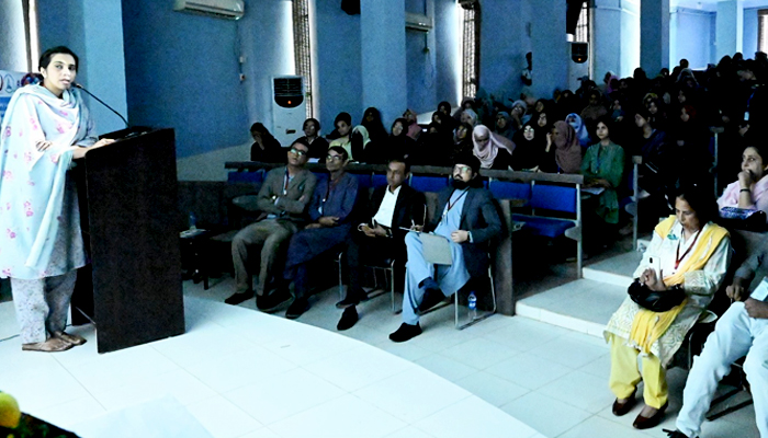 626504_8962276_updates Dr Muneeba Ahsan Sayeed, associated with Dow University of Health Sciences, speaks during a seminar in Karachi, on October 1, 2025. — University of Karachi