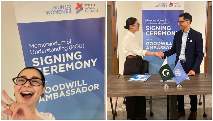 Pakistani actor Hania Aamir pictured at the signing of her contract with UN Women Pakistan. — Instagram@unwomenpakistan