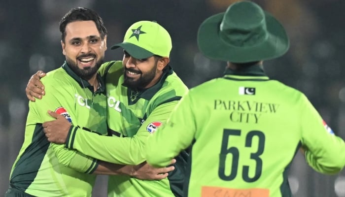 Pakistan players celebrate a wicket during their first ODI against Sri Lanka in Rawalpindi, November 11, 2025 — AFP