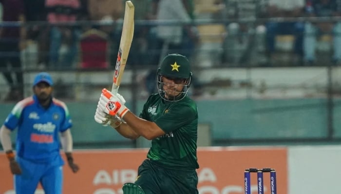 1358329_9605552_sadaqat-1_updates Pakistan Shaheens Maaz Sadaqat plays a shot against India A during their Asia Cup Rising Stars match, Doha, Qatar, November 16, 2025. — ACC