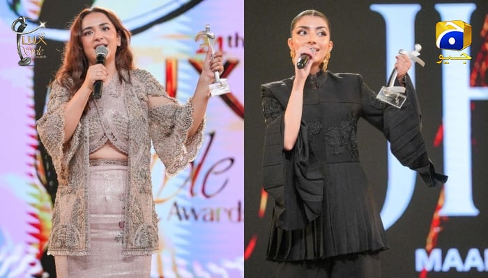 A collage of Yumna Zaidi receiving Best Actor (Female) Film award and singer Anural Khalid winning award for Song of the Year at the Lux Style Awards in Karachi on December 12, 2025. — LUX Awards