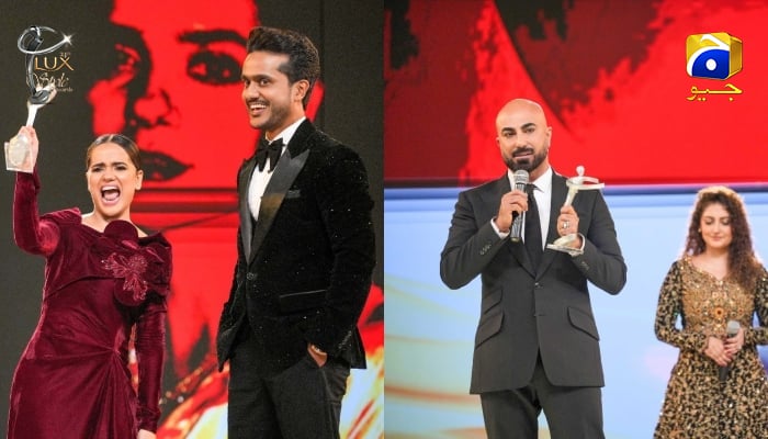 Content creator couple Ron and Coco and reknowned fashion designer HSY gesture after winning their awards at the Lux Style Awards in Karachi on December 12, 2025. — LUX Awards
