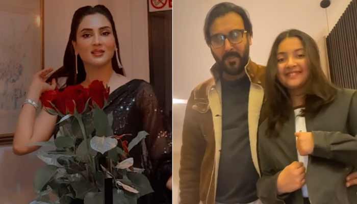 Pakistani actor Fiza Ali (left) and her ex-husband Fawad Farouq (right) stands with daughter Faraal. — Instagram/@Fizaaali