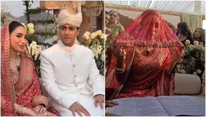 Punjab CM Maryam Nawazs son Junaid Safdar can be seen with his wife Shanzeh at Nikkah ceremony in Lahore on January 17, 2026. — irfanahson/instagram