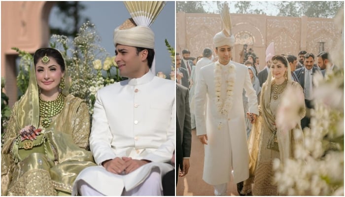 Punjab CM Maryam Nawaz seats with son Junaid Safdar at stage (left) and mother and son duo heading to stage in other picture. — Instagram/irfanahson